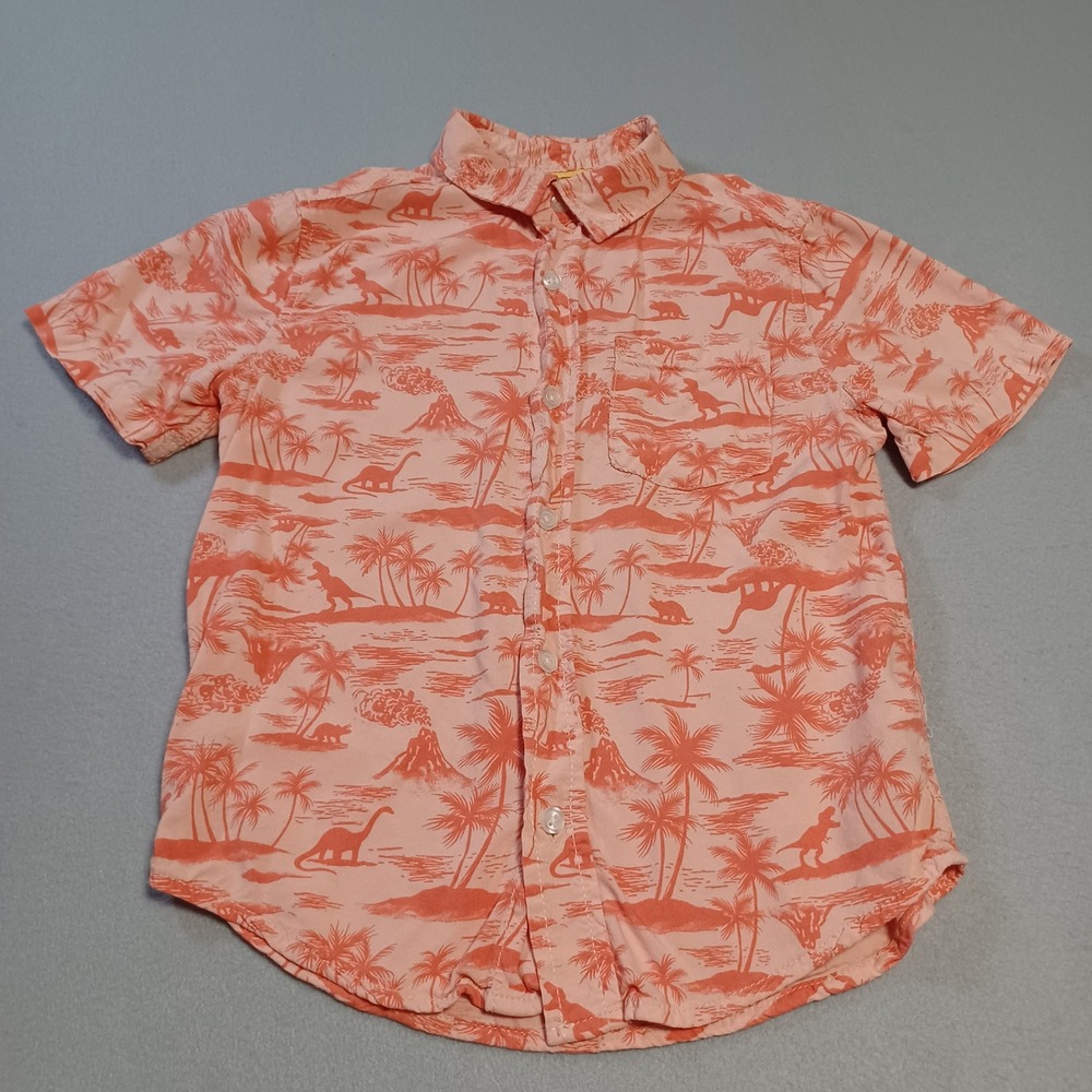 Cat & Jack Boys Small 6/7 Coral Pink Dinosaur Tropical Rayon Button Down Shirt